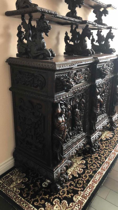 Photo 1 of ANTIQUE 19TH CENTURY HAND CARVED WALNUT ITALIAN FIGURAL SIDEBOARD RENAISSANCE VAISSELIER 73" X 27' H 103"