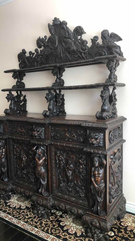 Photo 1 of ANTIQUE 19TH CENTURY HAND CARVED WALNUT ITALIAN FIGURAL SIDEBOARD RENAISSANCE VAISSELIER 73" X 27' H 103"