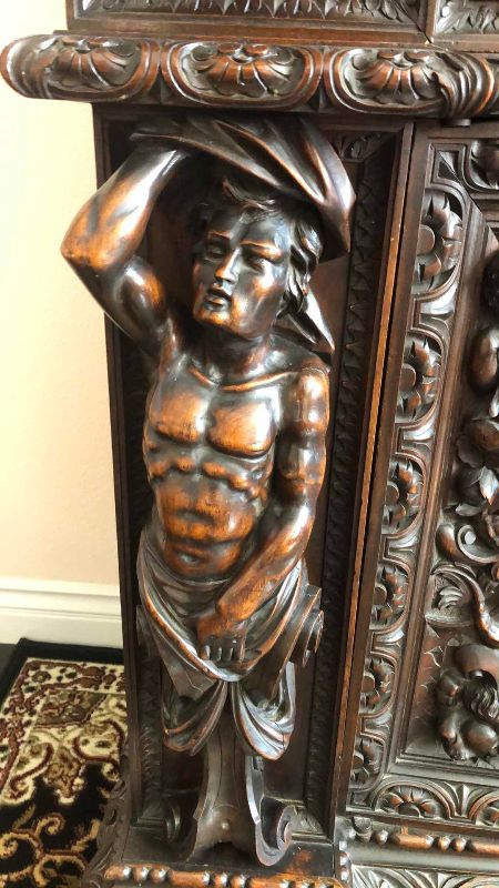 Photo 1 of ANTIQUE 19TH CENTURY HAND CARVED WALNUT ITALIAN FIGURAL SIDEBOARD RENAISSANCE VAISSELIER 73" X 27' H 103"