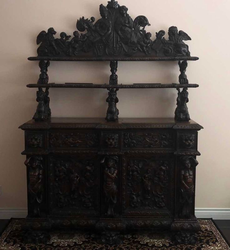 Photo 1 of ANTIQUE 19TH CENTURY HAND CARVED WALNUT ITALIAN FIGURAL SIDEBOARD RENAISSANCE VAISSELIER 73" X 27' H 103"
