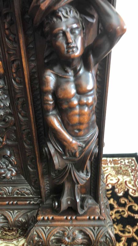 Photo 1 of ANTIQUE 19TH CENTURY HAND CARVED WALNUT ITALIAN FIGURAL SIDEBOARD RENAISSANCE VAISSELIER 73" X 27' H 103"