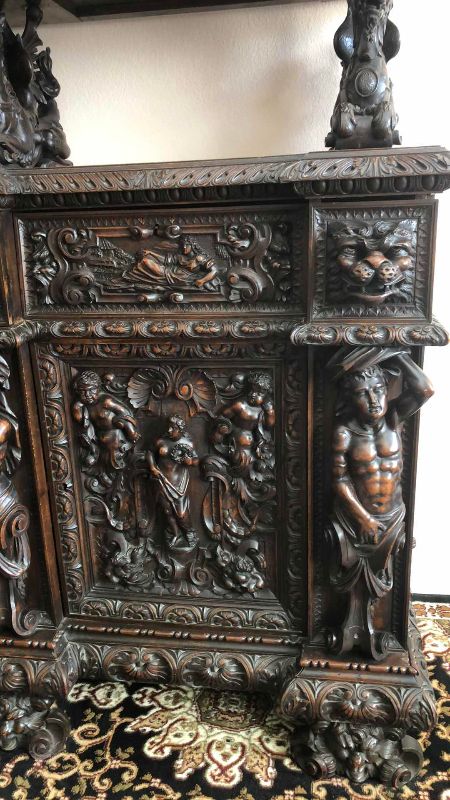 Photo 1 of ANTIQUE 19TH CENTURY HAND CARVED WALNUT ITALIAN FIGURAL SIDEBOARD RENAISSANCE VAISSELIER 73" X 27' H 103"