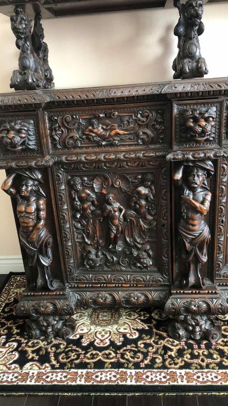 Photo 1 of ANTIQUE 19TH CENTURY HAND CARVED WALNUT ITALIAN FIGURAL SIDEBOARD RENAISSANCE VAISSELIER 73" X 27' H 103"