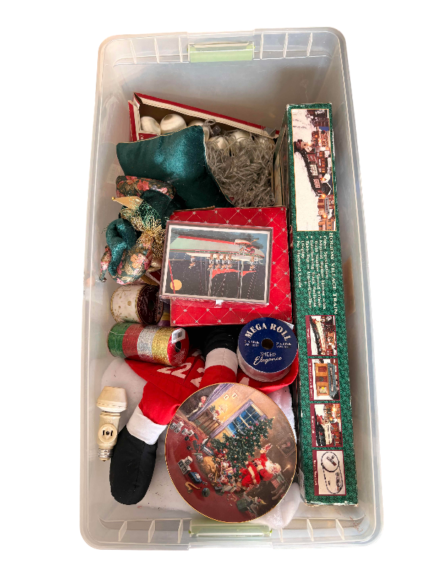 Photo 1 of CONTAINER OF CHRISTMAS ORNAMENTS, TRAIN, & FRAMES