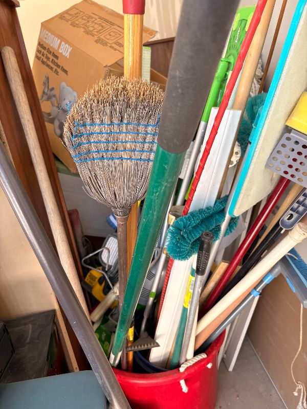 Photo 1 of BIN OF GARDENING & CLEANING TOOLS