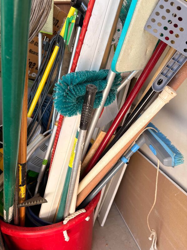 Photo 1 of BIN OF GARDENING & CLEANING TOOLS