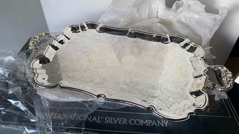 Photo 1 of INTERNATIONAL SILVER COMPANY SILVER PLATED TRAY WITH HANDLES 23” X 13”