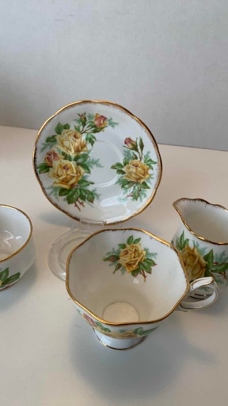 Photo 1 of ROYAL ALBERT T ROSE BONE CHINA TEACUP SET CREAM WITH CREAM AND SUGAR CONTAINERS