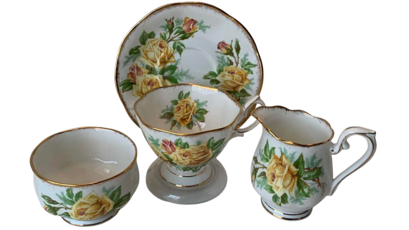 Photo 1 of ROYAL ALBERT T ROSE BONE CHINA TEACUP SET CREAM WITH CREAM AND SUGAR CONTAINERS