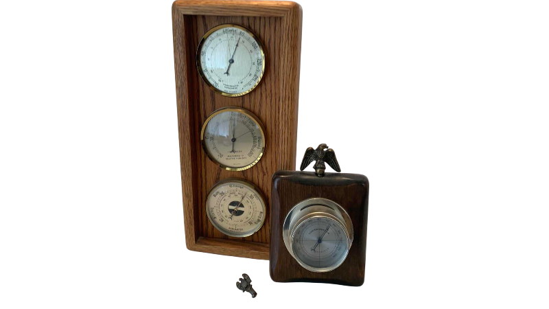 Photo 1 of VINTAGE OAKWOOD THREE DOLLAR WALL WEATHER STATION AND UNITED STATES INSPIRED THE THERMOMETER