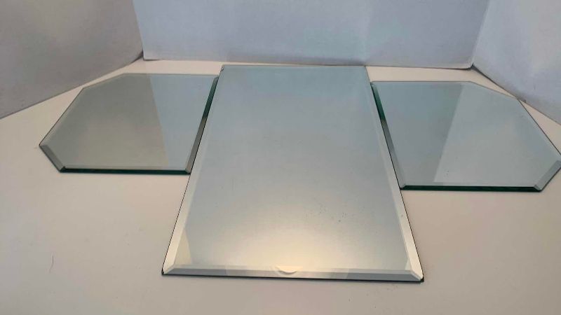 Photo 1 of BEVEL GLASS MIRROR, TABLETOP, SETTING WITH BRASS VASE AND LIVE PLANT