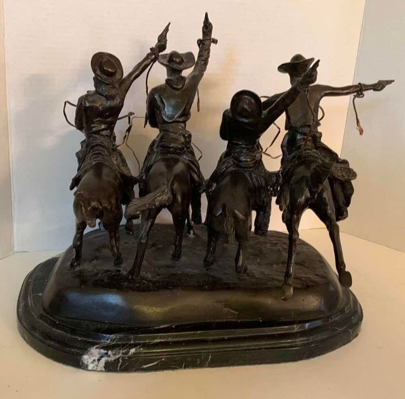 Photo 1 of "COMING THRU RYE" BY FREDERICK REMINGTON BRONZE FIGURE ON BEVELED MARBLE BASE 15” X 11” H 14”