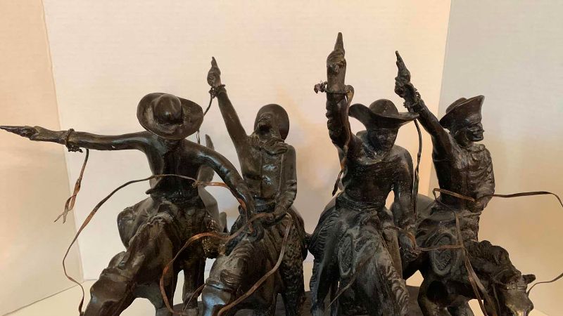 Photo 1 of "COMING THRU RYE" BY FREDERICK REMINGTON BRONZE FIGURE ON BEVELED MARBLE BASE 15” X 11” H 14”