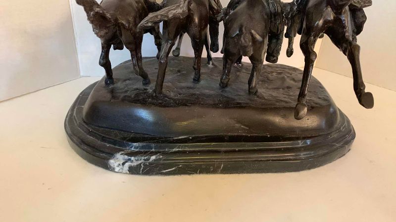 Photo 1 of "COMING THRU RYE" BY FREDERICK REMINGTON BRONZE FIGURE ON BEVELED MARBLE BASE 15” X 11” H 14”