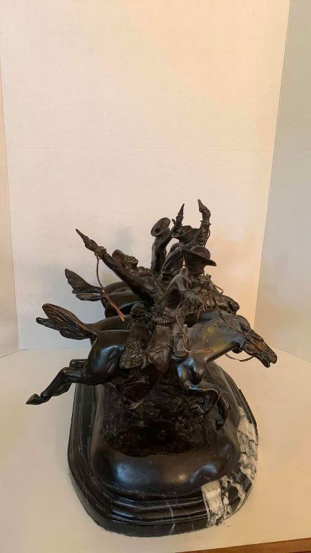 Photo 1 of "COMING THRU RYE" BY FREDERICK REMINGTON BRONZE FIGURE ON BEVELED MARBLE BASE 15” X 11” H 14”