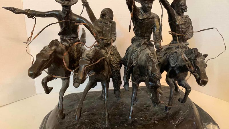 Photo 1 of "COMING THRU RYE" BY FREDERICK REMINGTON BRONZE FIGURE ON BEVELED MARBLE BASE 15” X 11” H 14”