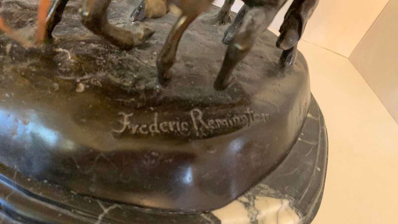 Photo 1 of "COMING THRU RYE" BY FREDERICK REMINGTON BRONZE FIGURE ON BEVELED MARBLE BASE 15” X 11” H 14”