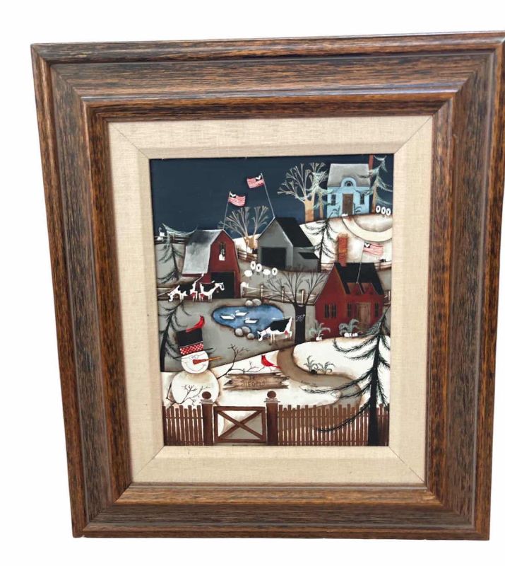 Photo 1 of FRAMED ARTWORK BEVERLEY WILSON “WINTER WONDERLAND” FOLK ART PAINTING SIGNED AND DATED 1996 WINTER FARM SCENE WITH PERSONALIZED “THE SIEGELS” SIGN 14.5”X17”