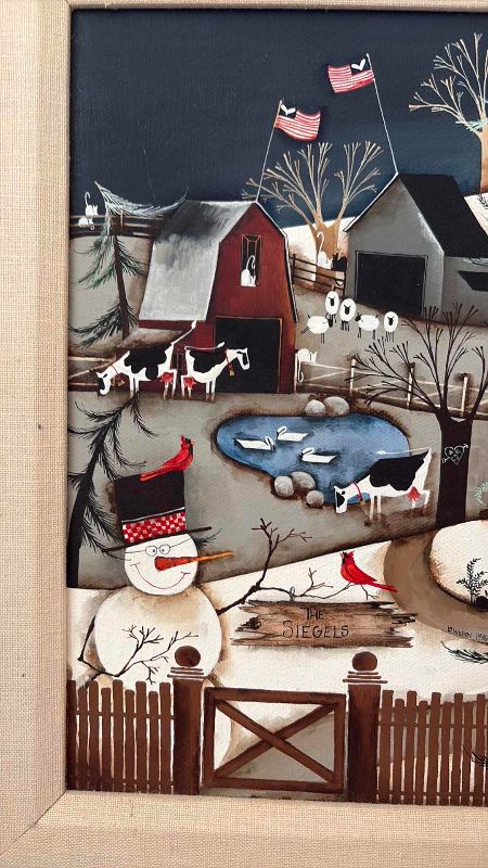 Photo 1 of FRAMED ARTWORK BEVERLEY WILSON “WINTER WONDERLAND” FOLK ART PAINTING SIGNED AND DATED 1996 WINTER FARM SCENE WITH PERSONALIZED “THE SIEGELS” SIGN 14.5”X17”