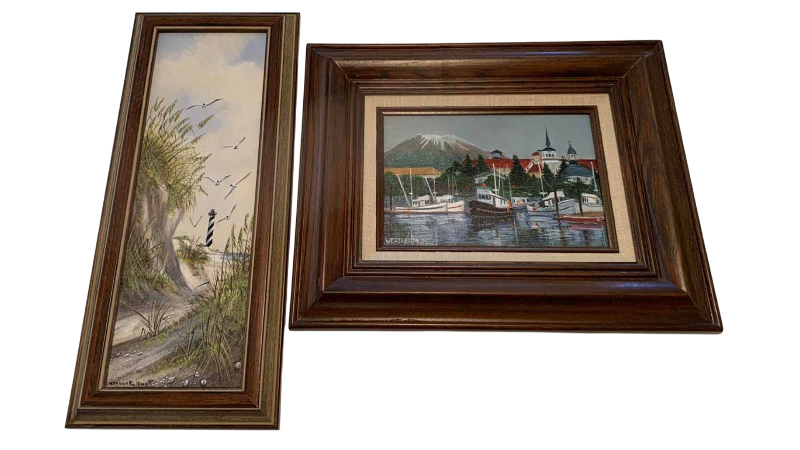 Photo 1 of “CITY DOCK” BY RICHARD WEATHERMAN 12” X 10” AND “NAGS HEAD NORTH CAROLINA”BY VERNON ROLLINS 6” X 14” ORIGINAL OIL PAINTINGS