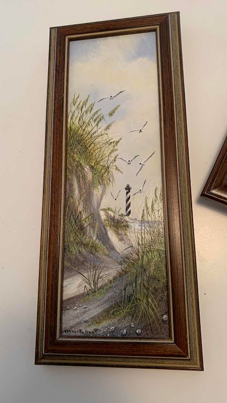 Photo 1 of “CITY DOCK” BY RICHARD WEATHERMAN 12” X 10” AND “NAGS HEAD NORTH CAROLINA”BY VERNON ROLLINS 6” X 14” ORIGINAL OIL PAINTINGS