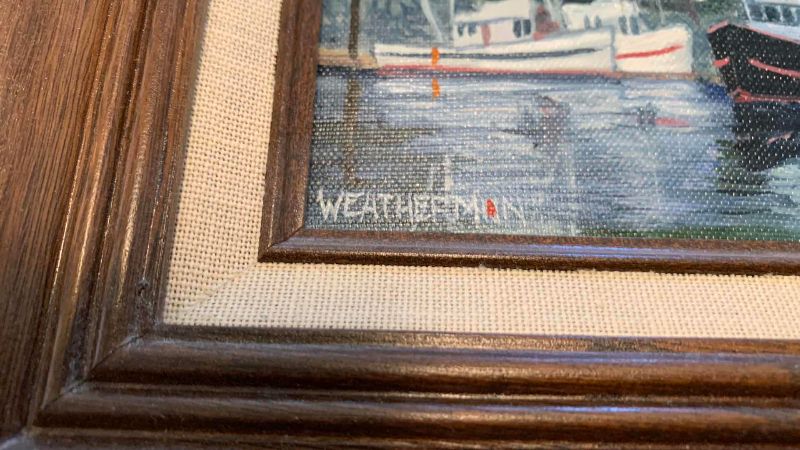 Photo 1 of “CITY DOCK” BY RICHARD WEATHERMAN 12” X 10” AND “NAGS HEAD NORTH CAROLINA”BY VERNON ROLLINS 6” X 14” ORIGINAL OIL PAINTINGS