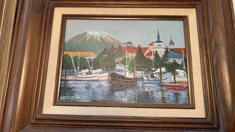 Photo 1 of “CITY DOCK” BY RICHARD WEATHERMAN 12” X 10” AND “NAGS HEAD NORTH CAROLINA”BY VERNON ROLLINS 6” X 14” ORIGINAL OIL PAINTINGS