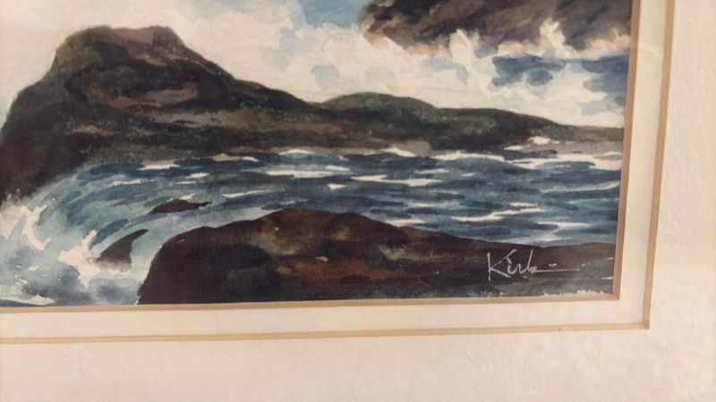 Photo 1 of FRAMED ARTWORK WATERCOLOR SEASCAPE BY NORMAN KIRK, DEPICTING CRASHING OCEAN SURF, ROCKY SHORELINE, LIGHTHOUSE, AND SEAGULLS SIGNED W ORIGINAL RECEIPT 13.5”X10.5”