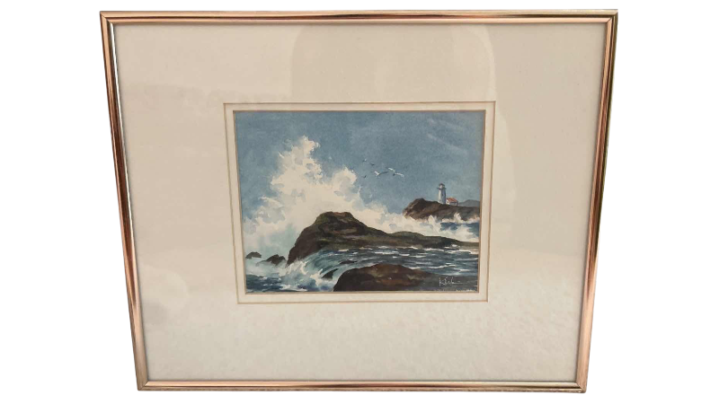 Photo 1 of FRAMED ARTWORK WATERCOLOR SEASCAPE BY NORMAN KIRK, DEPICTING CRASHING OCEAN SURF, ROCKY SHORELINE, LIGHTHOUSE, AND SEAGULLS SIGNED W ORIGINAL RECEIPT 13.5”X10.5”
