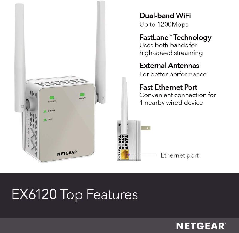 Photo 1 of NETGEAR Wi-Fi Range Extender EX6120 - Coverage Up to 1500 Sq Ft and 25 Devices with AC1200 Dual Band Wireless Signal Booster & Repeater (Up to 1200Mbps Speed), and Compact Wall Plug Design, White