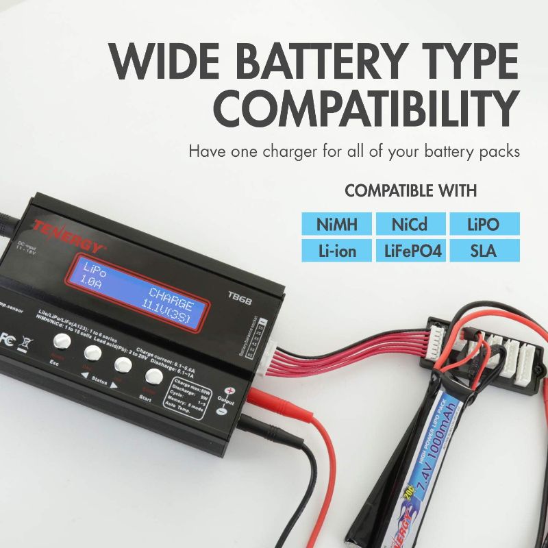 Photo 1 of Tenergy TB-6AB Balance Charger Discharger 1S-6S Digital Battery Pack Charger for NiMH/NiCD/Li-PO/Li-Fe Packs w/ LCD Display Hobby Battery Charger w/ Tamiya/JST/EC3/HiTec/Deans Connectors + Power Supply