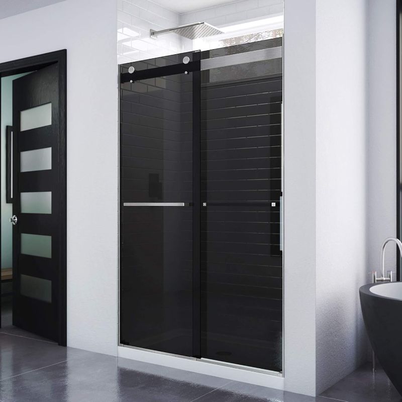 Photo 1 of DreamLine Essence 44-48 inch W x 76 inch H Frameless Bypass Shower Door in Matte Black and Smoke Gray Glass