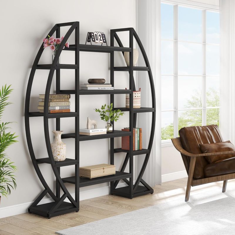 Photo 1 of Tribesigns Oval Bookshelf, Triple Wide 5 Tier Etagere Bookcase, Industrial Display Shelves for Living Room (Brown, 55")