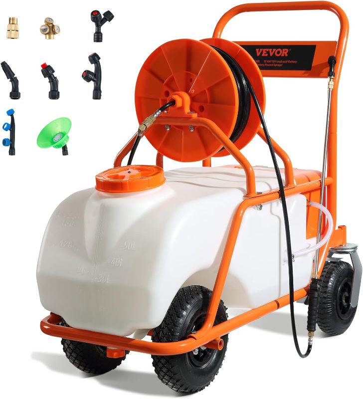 Photo 1 of VEVOR Battery Powered 15 Gallon Garden Weed Sprayer with Wheeled Cart, 126FT Hose with Reel, 8 Nozzles, 2 Wands with Lock Trigger, 0-90PSI, 5-6h Spray Time, Wide Mouth Lid, Rotating Wheels with Brake
