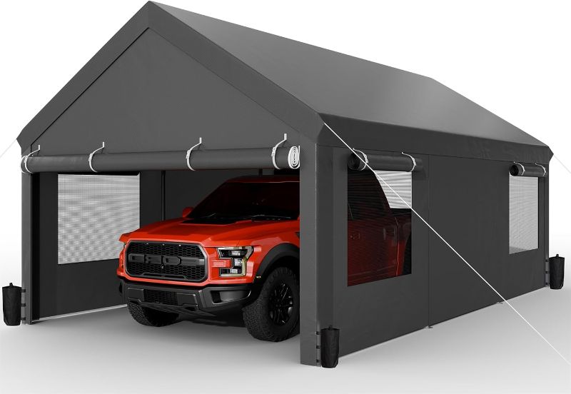 Photo 1 of JAMFLY Carport, 12x20 ft Heavy Duty Carport with Roll-up Windows, Portable Garage with Removable Sidewalls & Doors, Car Canopy with Sandbags and All-Season Tarp for Car Boat Truck Motorcycle, Grey