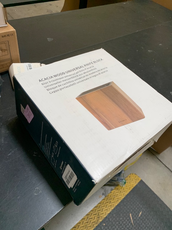 Photo 1 of KITCHENDAO XL Acacia Wood Universal Knife Block with Slots for Scissors and Sharpening Rod, Safe, Space Saver Knives Storage Stand Display without Knives, Unique Slot Design to Protect Blade