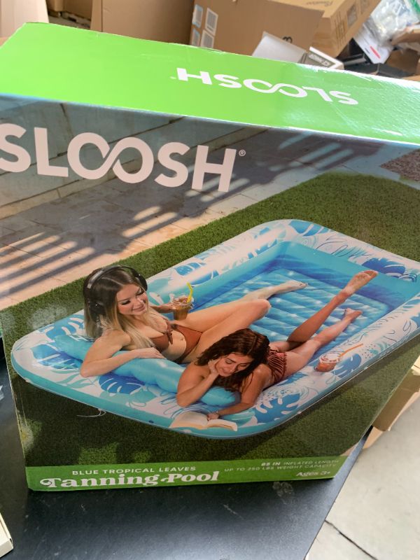 Photo 1 of SLOOSH Inflatable Tanning Pool Lounger Float, 85" x 57" Extra Large Pool Floats Adult with Pillow, 4 in 1 Suntan Tub Raft Floatie,Sunbathing Bed Lounge for Water Blow Up Ball Pit Party Gifts, XL-Blue
