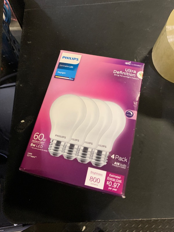 Photo 1 of Philips LED 60W A19 4-Pack Ultra Definition Daylight (5000K) 800 Lumen (8W = 60W) Dimmable Frosted Flicker-Free Light Bulbs