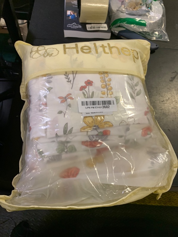 Photo 1 of Helthep Floral Sheet Set Queen, 100% Cotton Yellow Flower Printed Bed Sheets Patterned Sheets Queen with 17.5" Deep Pocket, 4Pcs White Botanical Vintage Floral Sheet for Queen Size Bed