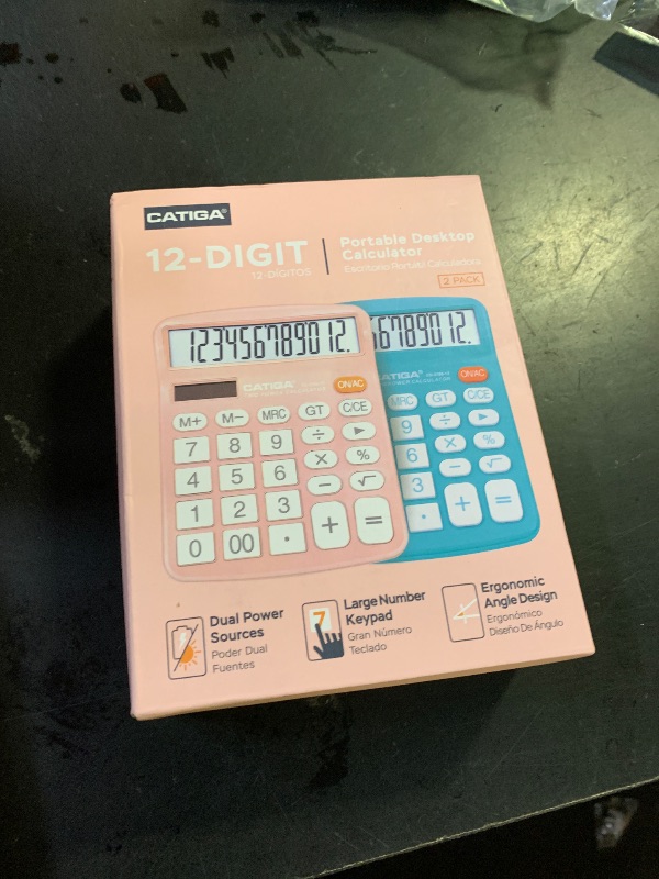 Photo 1 of CATIGA Desktop Calculator (2 Pack) 12 Digit with Large LCD Display and Sensitive Button, Solar and Battery Dual Power, Standard Function for Office, Home, School, CD-2786 (Light Blue/Light Pink)
