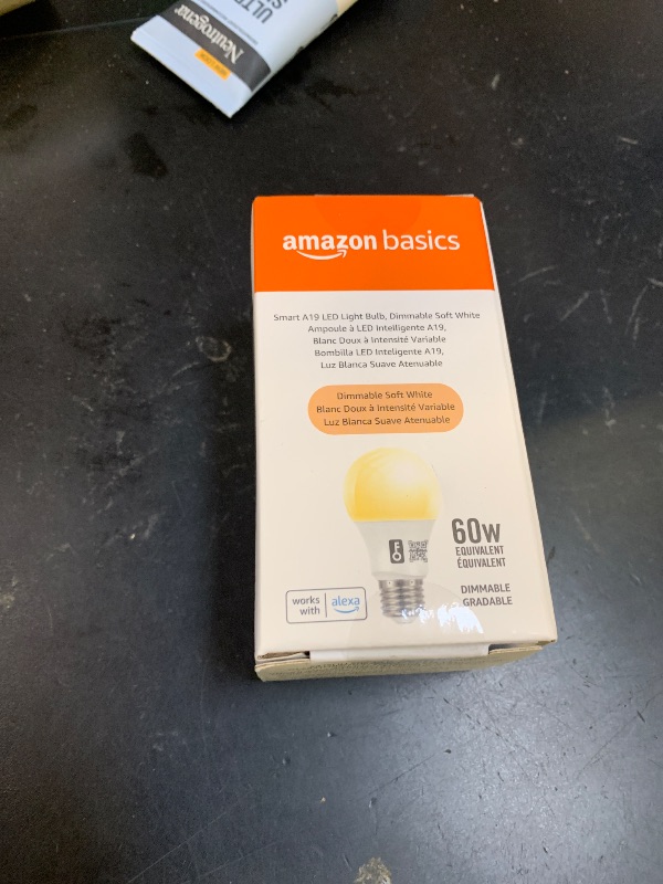 Photo 1 of Amazon Basics Smart A19 LED Light Bulb, Dimmable Soft White (2700K), 7.5W (60W Equivalent), 800LM, Works with Alexa Only, 2.4 GHz Wi-Fi, No Hub Required, 1 Pack