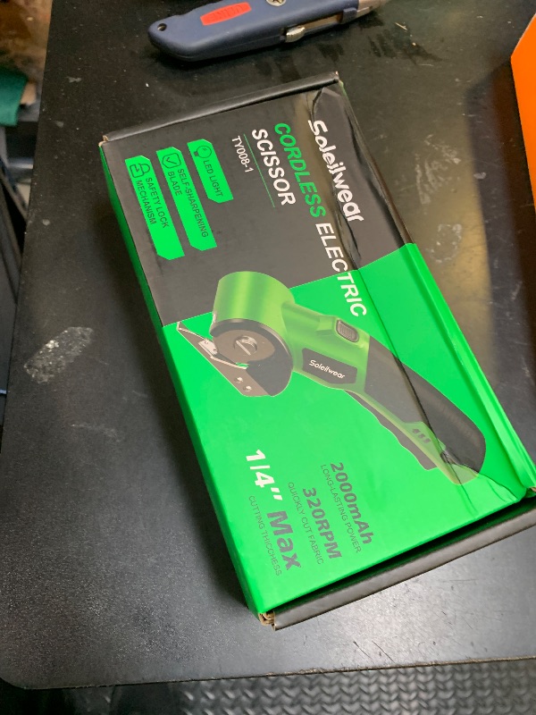 Photo 1 of Cordless Electric Scissors, Rechargeable Cardboard Cutter, 4V Upgrade Motor Electric Box Cutter with 2 Blades, Safety Lock & LED Light, Powerful Cutting for Cardboard Box, Plastic, Leather