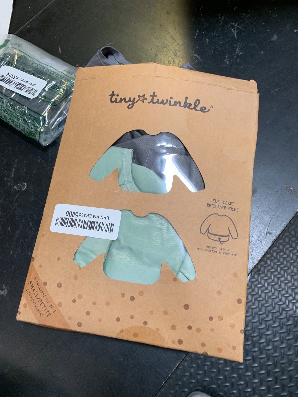 Photo 1 of Tiny Twinkle Mess Proof Baby Bibs, 2pk Waterproof Smock Baby Bibs for Eating, Machine Washable Long Sleeve Bibs, Baby Led Weaning, Toddler Bibs, BLW Supplies (Sage Charcoal, Small 6-24 Months)