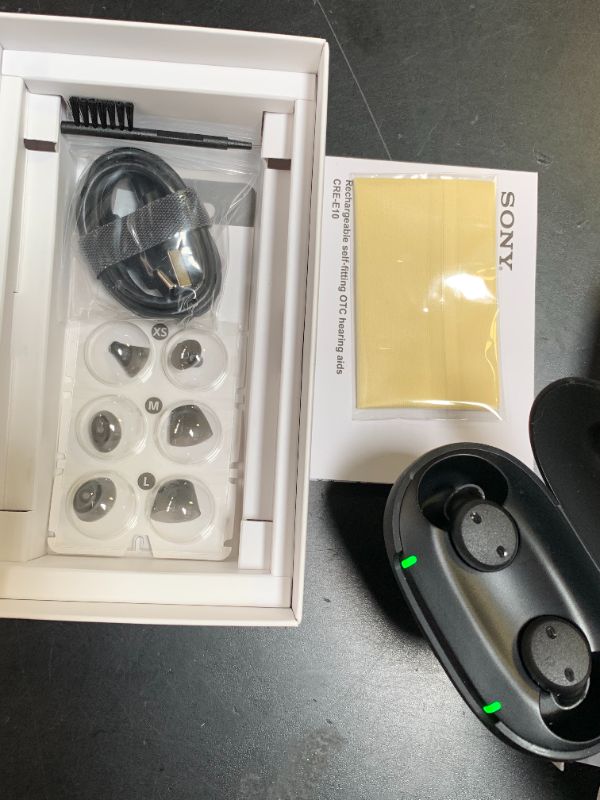 Photo 1 of Sony CRE-E10 Self-Fitting OTC Hearing Aids for Mild to Moderate Hearing Loss, Prescription-Grade Sound Quality, Comfortable Earbud Design, Bluetooth Enabled for iOS, and Rechargeable Battery, Black