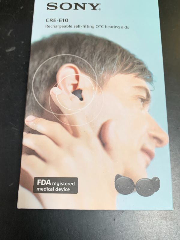 Photo 1 of Sony CRE-E10 Self-Fitting OTC Hearing Aids for Mild to Moderate Hearing Loss, Prescription-Grade Sound Quality, Comfortable Earbud Design, Bluetooth Enabled for iOS, and Rechargeable Battery, Black