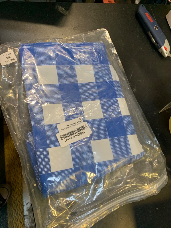 Photo 1 of Kesfey 3 Packs White and Blue Gingham Table Cloths 54 x 108 Inches Disposable Plastic Checkered Tablecloths Waterproof Rectangle Picnic Party Tablecovers for Birthday Party Dining Table Kitchens