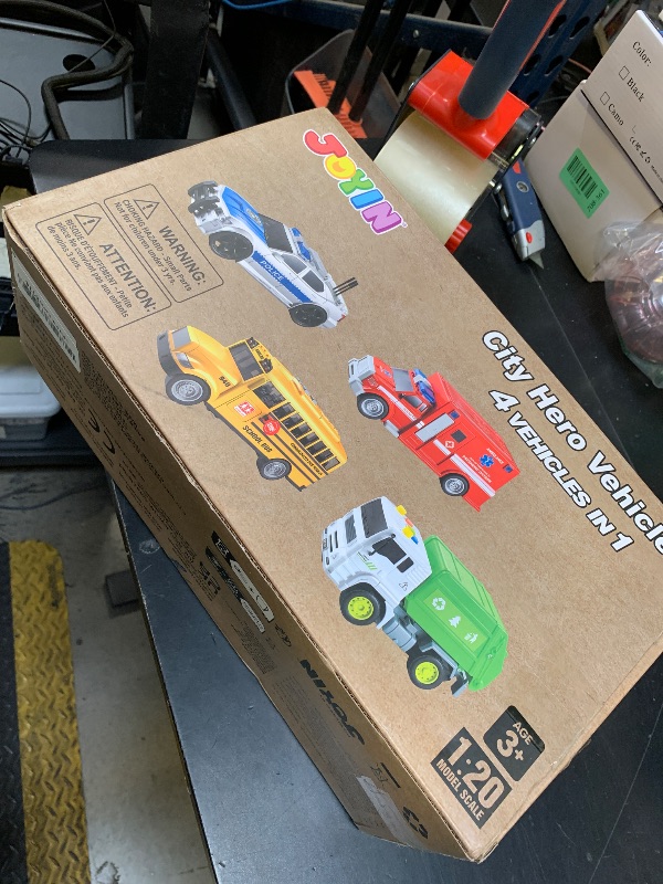 Photo 1 of JOYIN 4 Pcs 7" Long Vehicle Toy Set, Toddlers Cars with Lights and Siren Sound, Including Play Police Car, School Bus, Garbage Truck, Ambulance, Birthday Party Gifts Toys for Boys 3-5