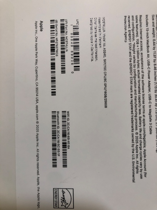 Photo 1 of Apple 2025 MacBook Air 13-inch Laptop with M4 chip: Built for Apple Intelligence, 13.6-inch Liquid Retina Display, 16GB Unified Memory, 256GB SSD Storage, 12MP Center Stage Camera, Touch ID; Sky Blue
