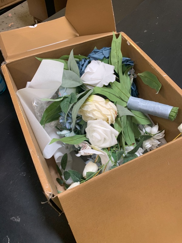 Photo 1 of Ling's Moment Dusty Blue Bridal Bouquet Cascading, Wedding Bouquets for Bride, 15 Inch Bride Bouquets for Wedding Artificial Flowers Bouquets