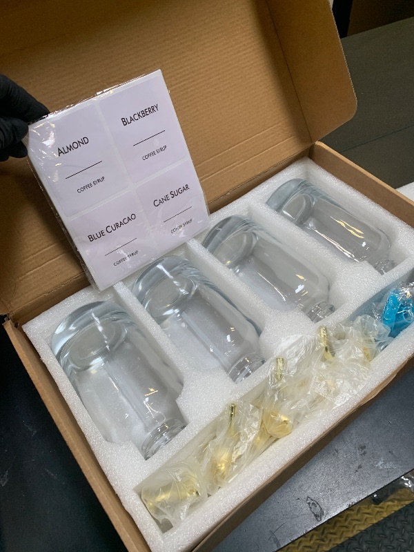 Photo 1 of 16.9 oz (500 ml) Coffee Syrup Dispenser Set- 4 Glass Bottles with Gold Pumper and Syrup Labels - Precise Dispensing and Stylish Addition to Coffee Shop, Cafe or Home Bar